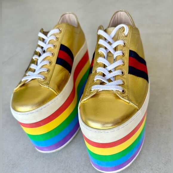 Gucci Peggy Rainbow Platform Sneakers EU 38 US 8 Gold Lace Up Slatform Shoes - Picture 1 of 16